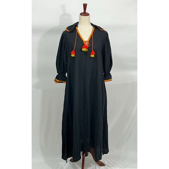 ELEVEN March 11 Sz S Small Black Linen Orange Yellow Trim Tassels Midi Dress - Picture 9 of 10